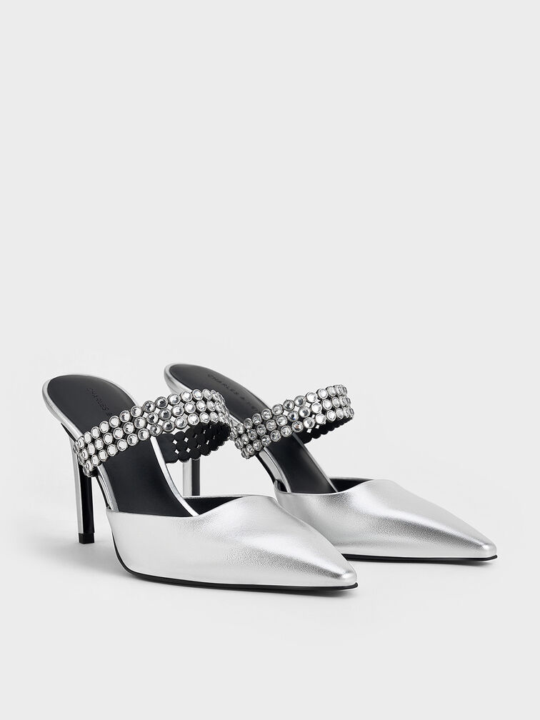 Patent Crystal-Embellished Heeled Mules, Silver, hi-res