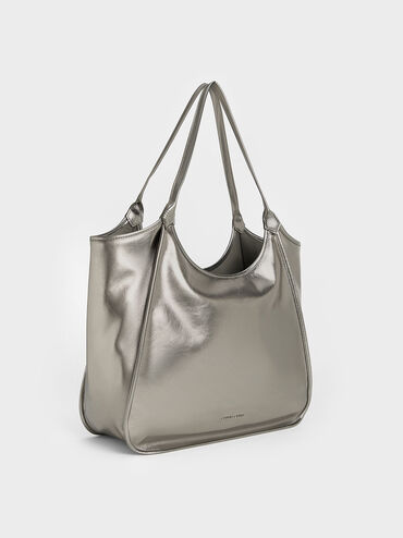 Sianna Metallic Crinkle-Effect Slouchy Tote Bag, Pewter, hi-res