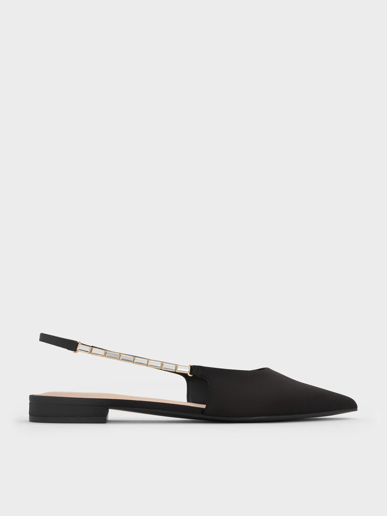Satin Crystal-Embellished Strap Slingback Flats, Black Textured, hi-res