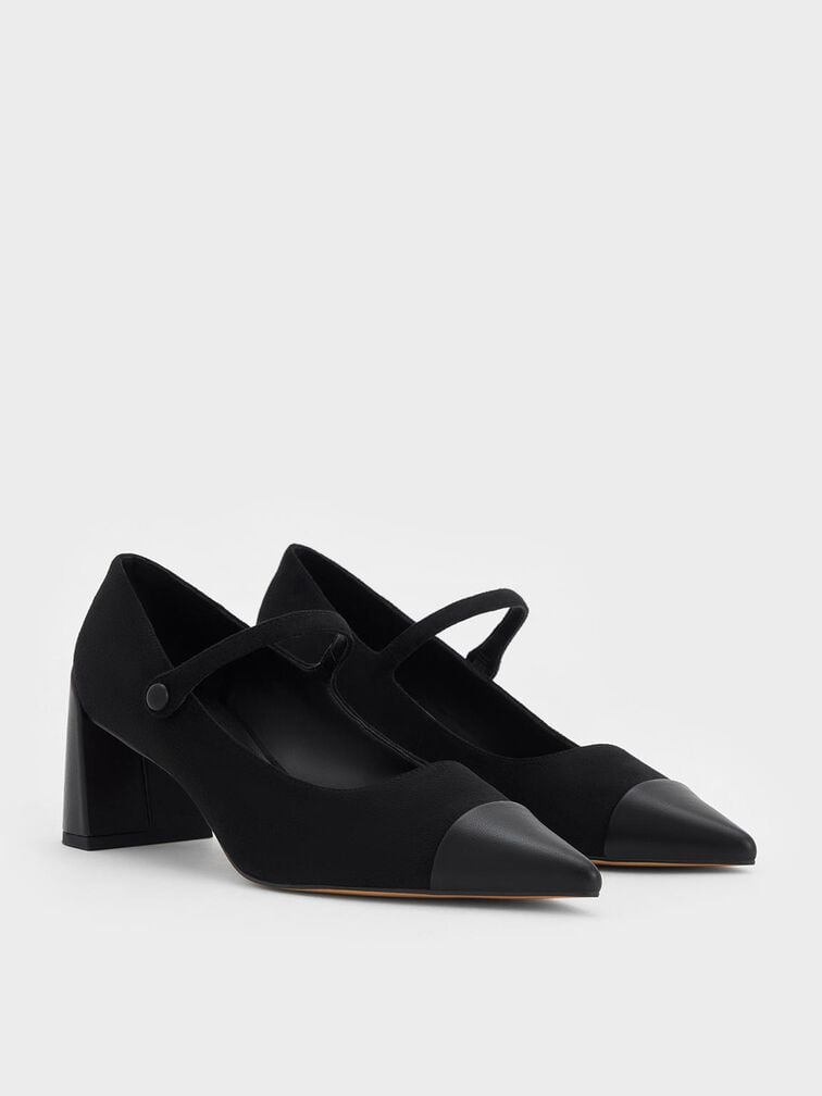 Faux Suede Cap-Toe Pointed Mary Jane Pumps, Black Textured, hi-res