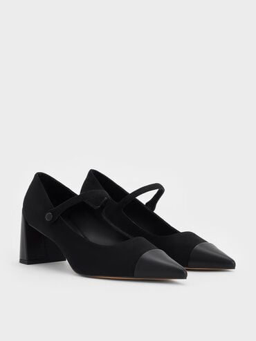 Faux Suede Cap-Toe Pointed Mary Jane Pumps, Black Textured, hi-res
