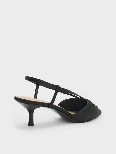 Recycled Polyester Crystal-Bow Kitten-Heel Slingback Pumps, Black Textured, hi-res