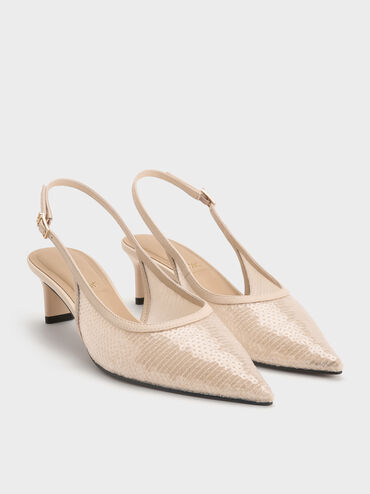 Sequin Mesh & Leather Slingback Kitten Heels, Nude, hi-res
