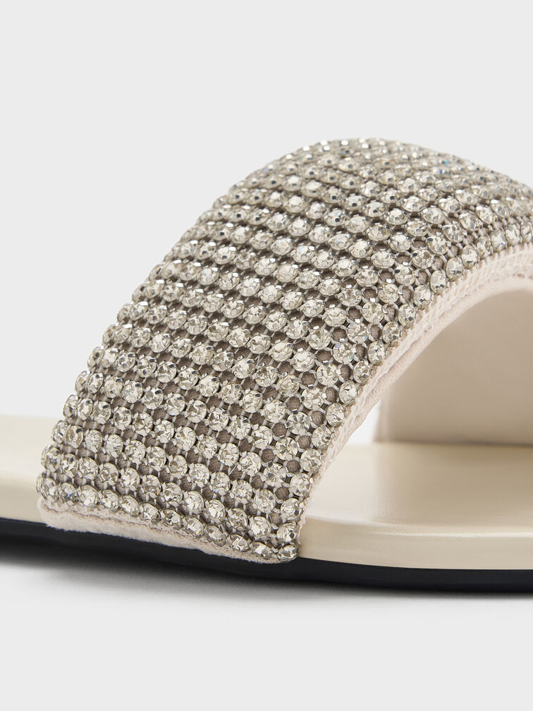 Faux Suede Crystal-Embellished Slide Sandals, Chalk, hi-res