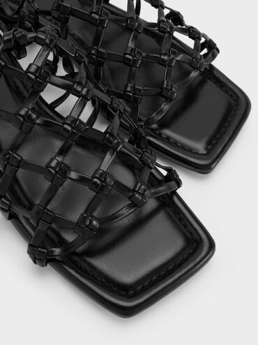 Woven Tie-Around Net Sandals, Black, hi-res