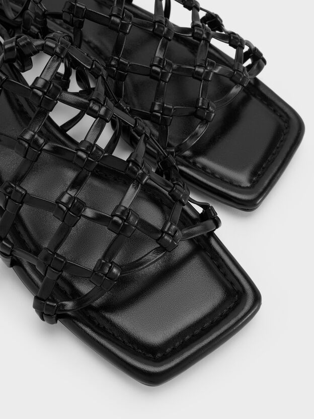Woven Tie-Around Net Sandals, Black, hi-res