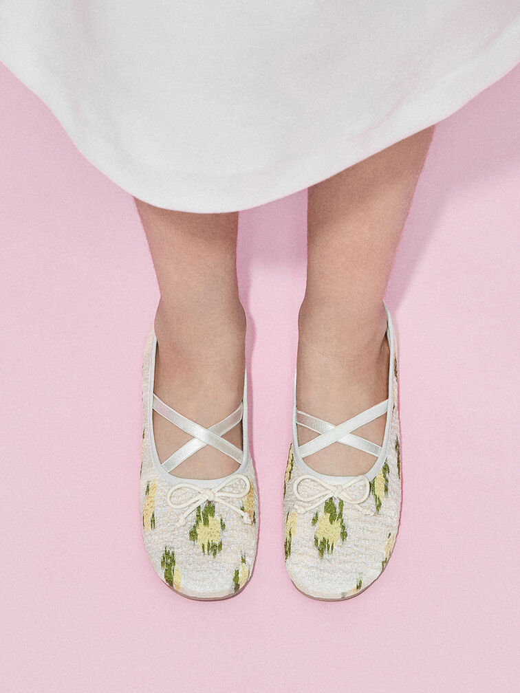 Girls' Mesh Floral-Print Crossover-Strap Ballet Flats, Multi, hi-res