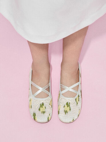 Girls' Mesh Floral-Print Crossover-Strap Ballet Flats, Multi, hi-res