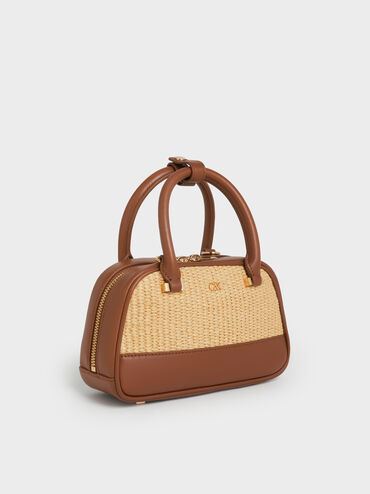 Leather & Raffia Bowling Bag, Neutral Raffia, hi-res