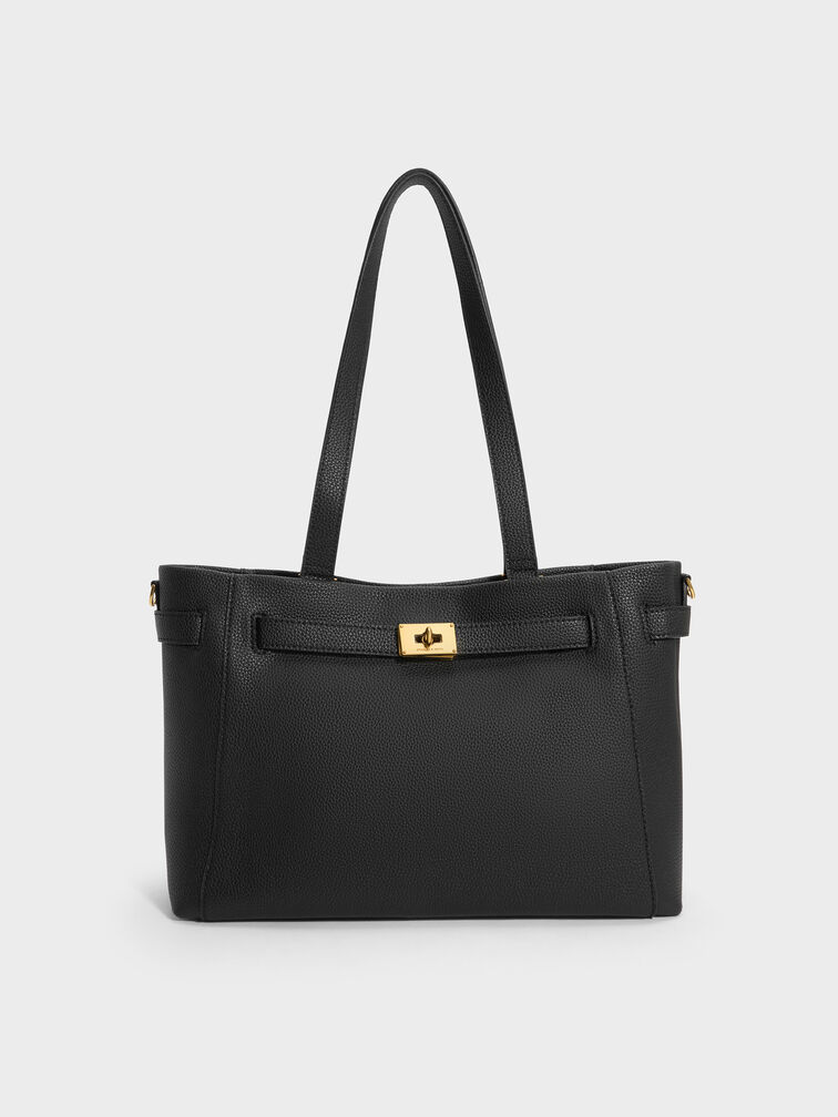 Dinora Belted Tote Bag, Black, hi-res