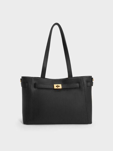 Dinora Belted Tote Bag, Black, hi-res