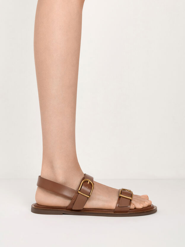 Double-Strap Slingback Sandals, Brown, hi-res