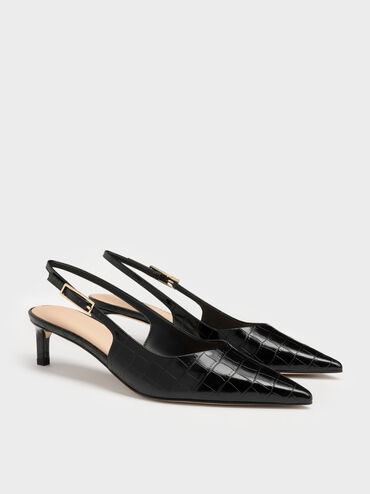 Luciana Croc-Effect Slingback Kitten Heels, Animal Print Black, hi-res