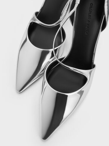 Metallic Asymmetric-Strap D’Orsay Stiletto Pumps, Silver, hi-res