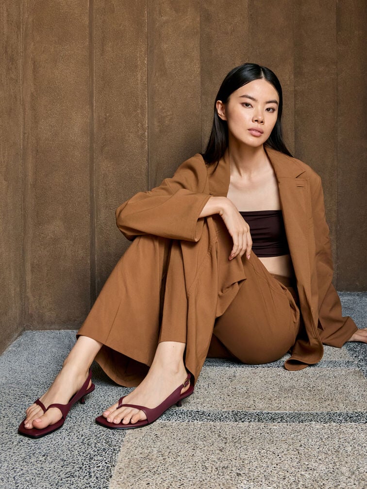 Rayne Square-Toe Kitten-Heel Thong Slingback Sandals, Burgundy, hi-res