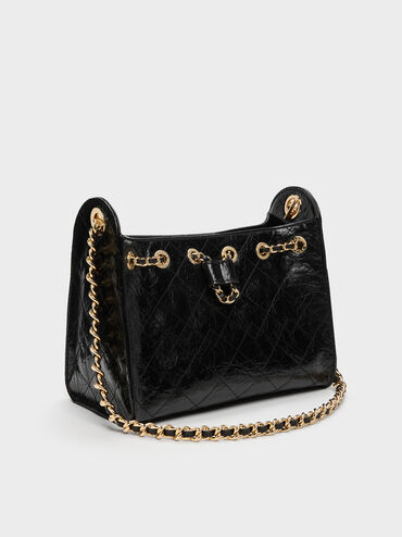 Duo Quilted Drawstring Bucket Bag, Black, hi-res