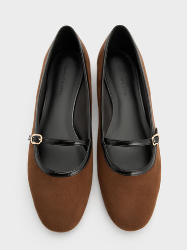 Faux Suede Contrast-Trim Buckle-Strap Mary Janes, Brown, hi-res