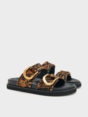 Gabine Leopard-Print Gold-Buckle Leather Slides, Animal Print Brown, hi-res