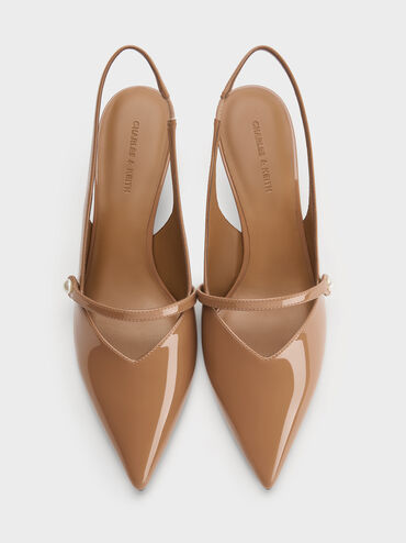Helena Patent Pearl-Buckle Slingback Kitten Heels, Caramel, hi-res