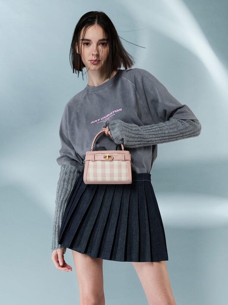 Aubrielle Checkered BeltedTop Handle Bag, Light Pink, hi-res