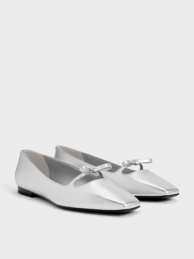 Metallic Bow Square-Toe Ballet Flats, Silver, hi-res