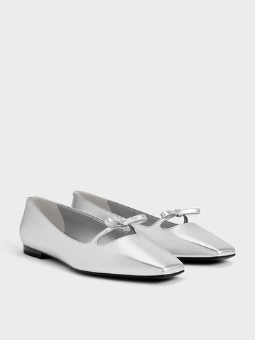 Metallic Bow Square-Toe Ballet Flats, Silver, hi-res