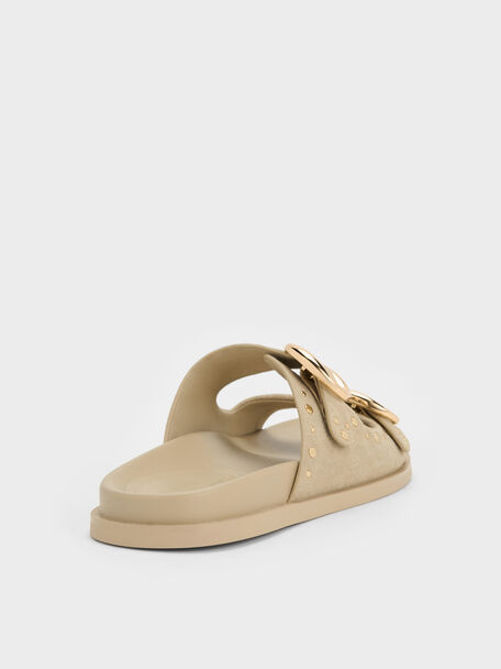 Studded Buckled Double-Strap Slides, Beige, hi-res