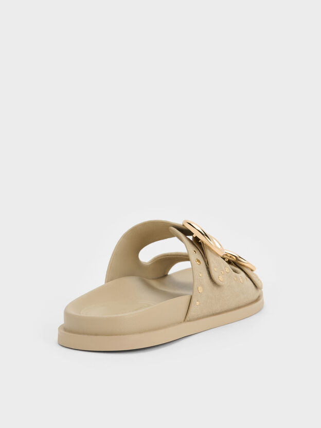 Studded Buckled Double-Strap Slides, Beige, hi-res