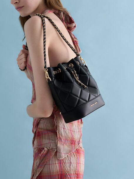 Julia Quilted Two-Way Bucket Bag, Black, hi-res
