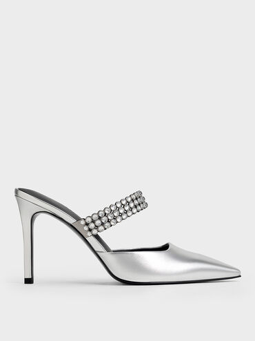 Patent Crystal-Embellished Heeled Mules, Silver, hi-res