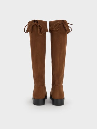 Faux Suede Fold-Over Back-Tie Thigh-High Boots, Brown, hi-res