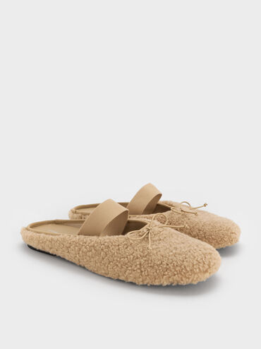 Nancy Faux Shearling Bow Ballet Mules, Brown, hi-res