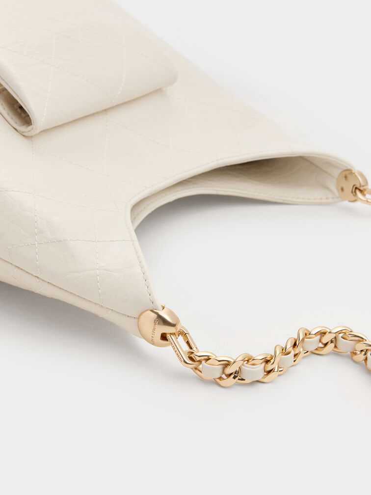 Duo Quilted Front-Pocket Chain Hobo Bag, Cream, hi-res