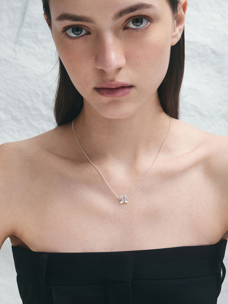 Felicity Flower-Motif Crystal Necklace, Silver, hi-res