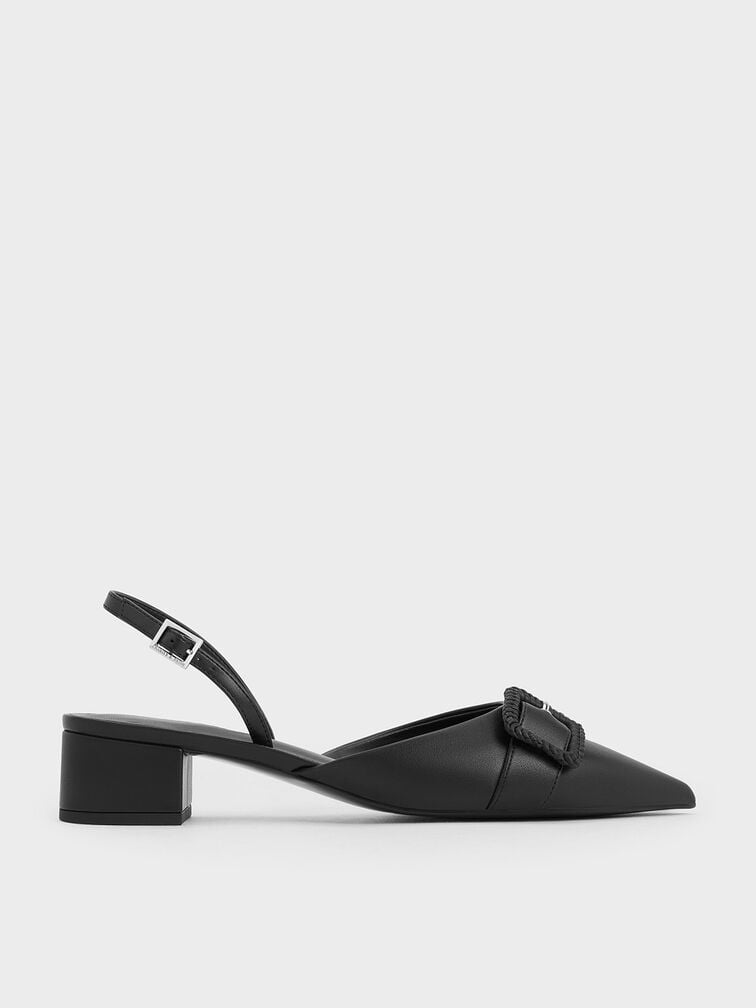 Woven-Buckle Slingback Pumps, Black, hi-res