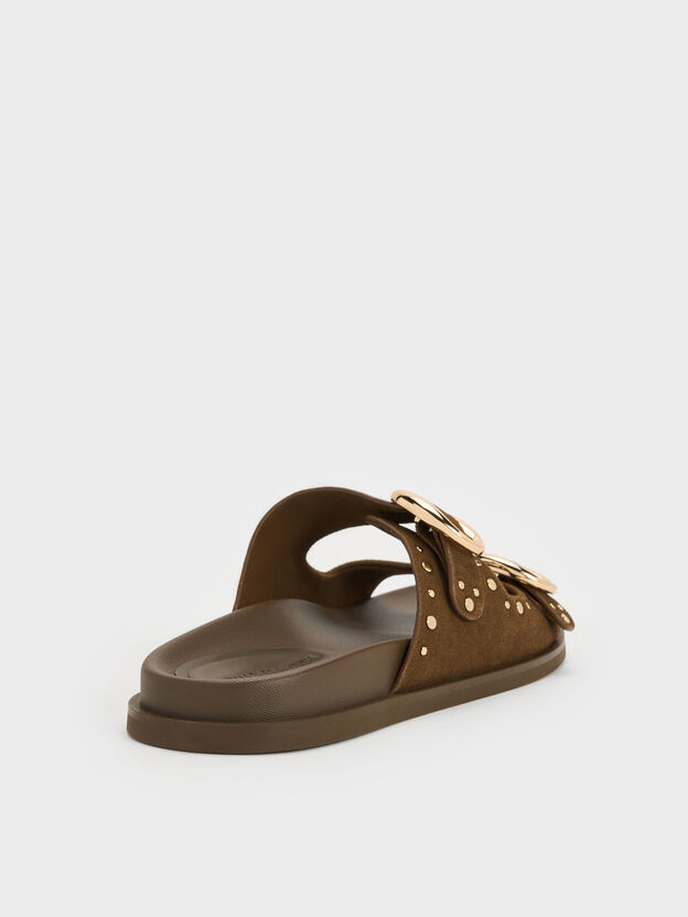 Studded Buckled Double-Strap Slides, Brown, hi-res