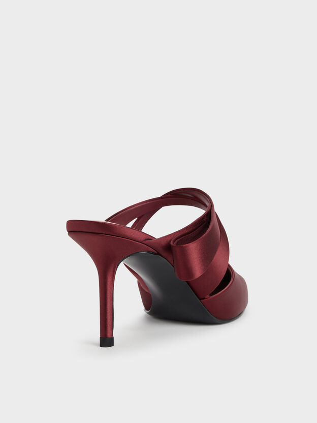 Satin Pleated-Strap Heeled Mules, Red, hi-res