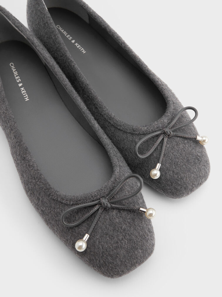 Barbara Felt Pearl-Embellished Bow Ballet Flats, Grey, hi-res