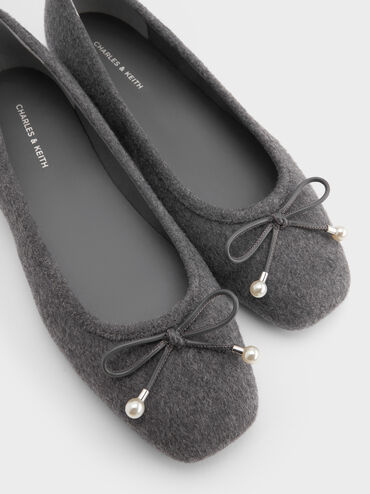 Barbara Felt Pearl-Embellished Bow Ballet Flats, Grey, hi-res