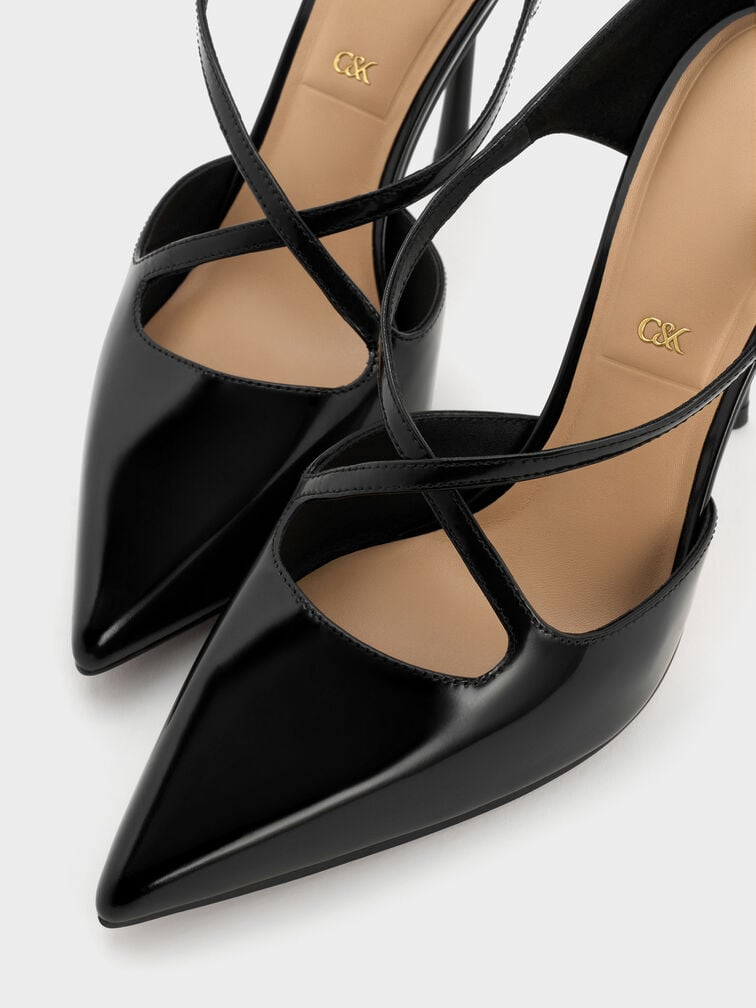 Kyra Leather Crossover-Strap Stiletto-Heel Mules, Black Box, hi-res
