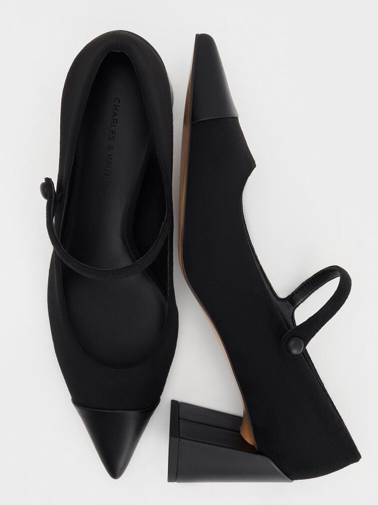 Faux Suede Cap-Toe Pointed Mary Jane Pumps, Black Textured, hi-res