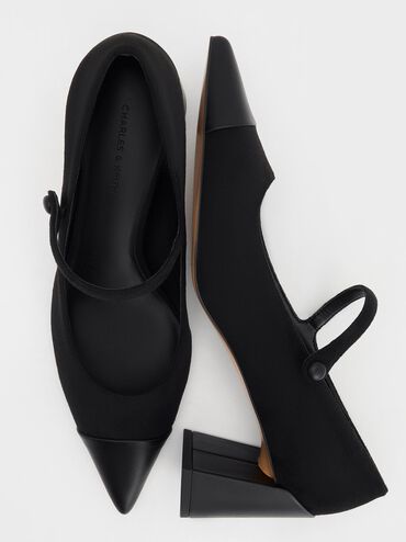 Faux Suede Cap-Toe Pointed Mary Jane Pumps, Black Textured, hi-res