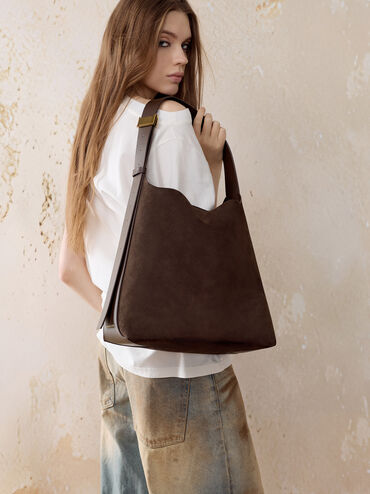 Edna Recycled Suede Tote Bag, Espresso Brown, hi-res