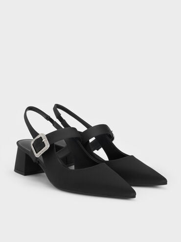 Satin Crystal-Buckle Block-Heel Slingback Pumps, Black Textured, hi-res