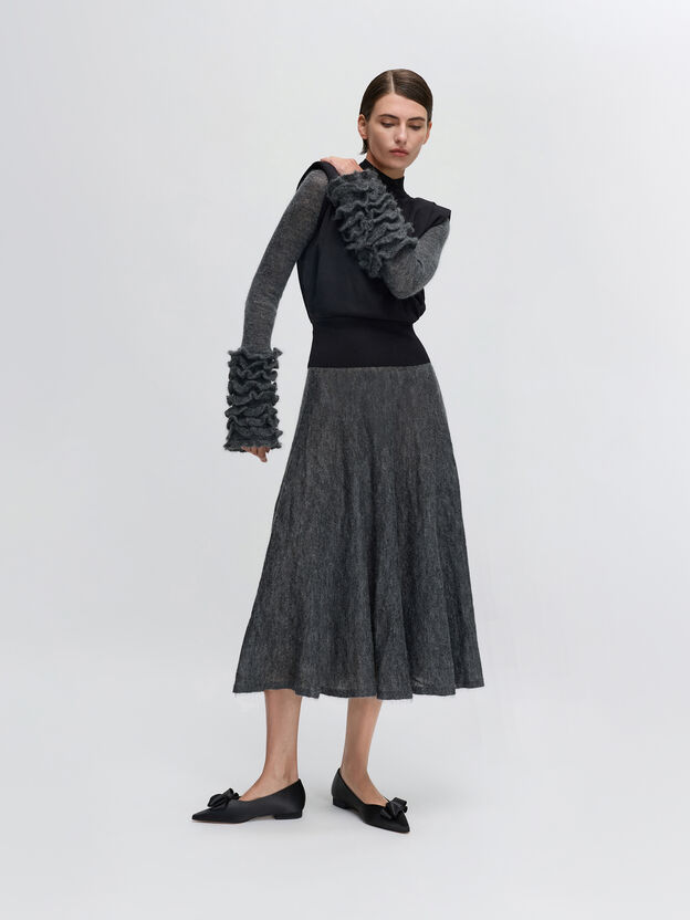Pleated-Bow Pointed Ballet Flats, Black Textured, hi-res