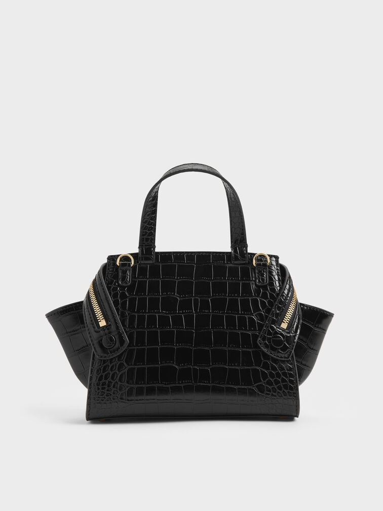 Pansy Trapeze Croc-Effect Top Handle Bag, Black, hi-res