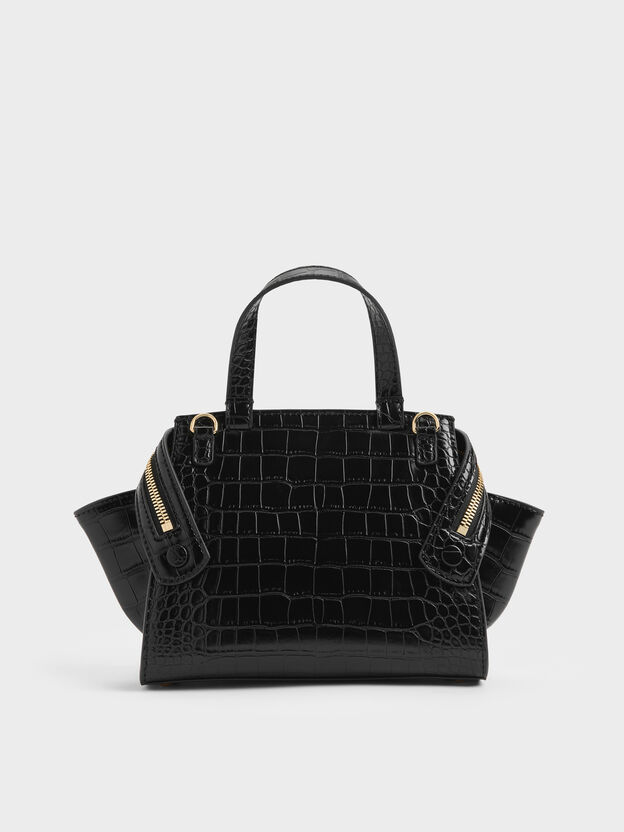 Pansy Trapeze Croc-Effect Top Handle Bag, Black, hi-res
