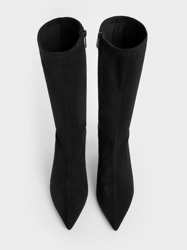 Faux Suede Blade-Heel Pointed-Toe Calf Boots, Black Textured, hi-res