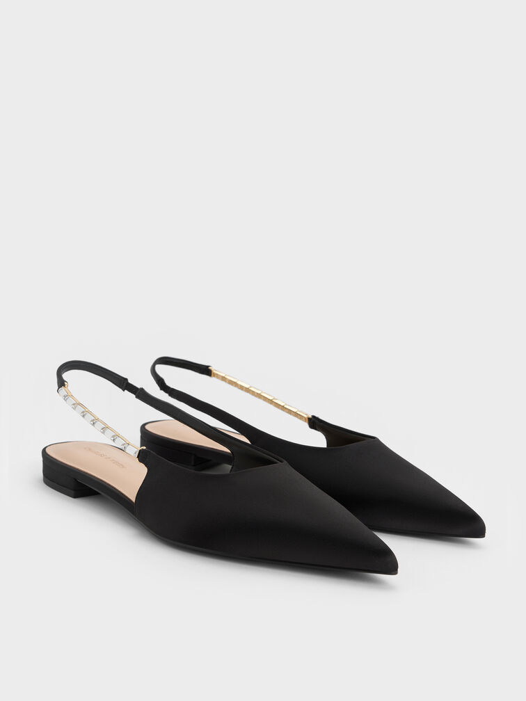 Satin Crystal-Embellished Strap Slingback Flats, Black Textured, hi-res