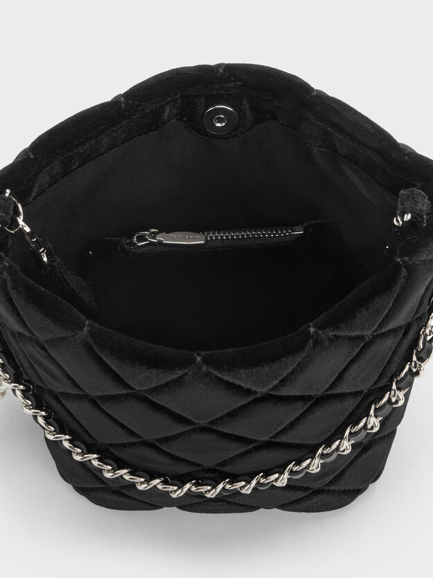 Duo Velvet Quilted Chain Bucket Bag, Noir, hi-res